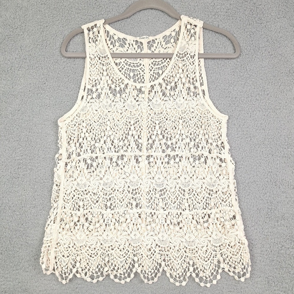 Phase One Tank Top Womens Medium‎ Ivory Crochet Lace Boho Festival Cottagecore